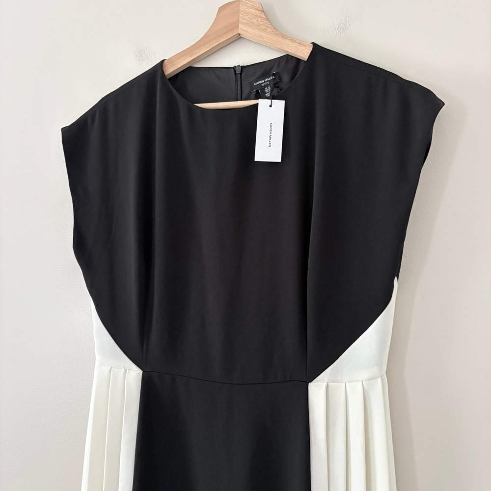 Karen Millen Dress Petite Contrast Pleated Panel Skirt Midi 8 Black Ivory Mono - Picture 15 of 16
